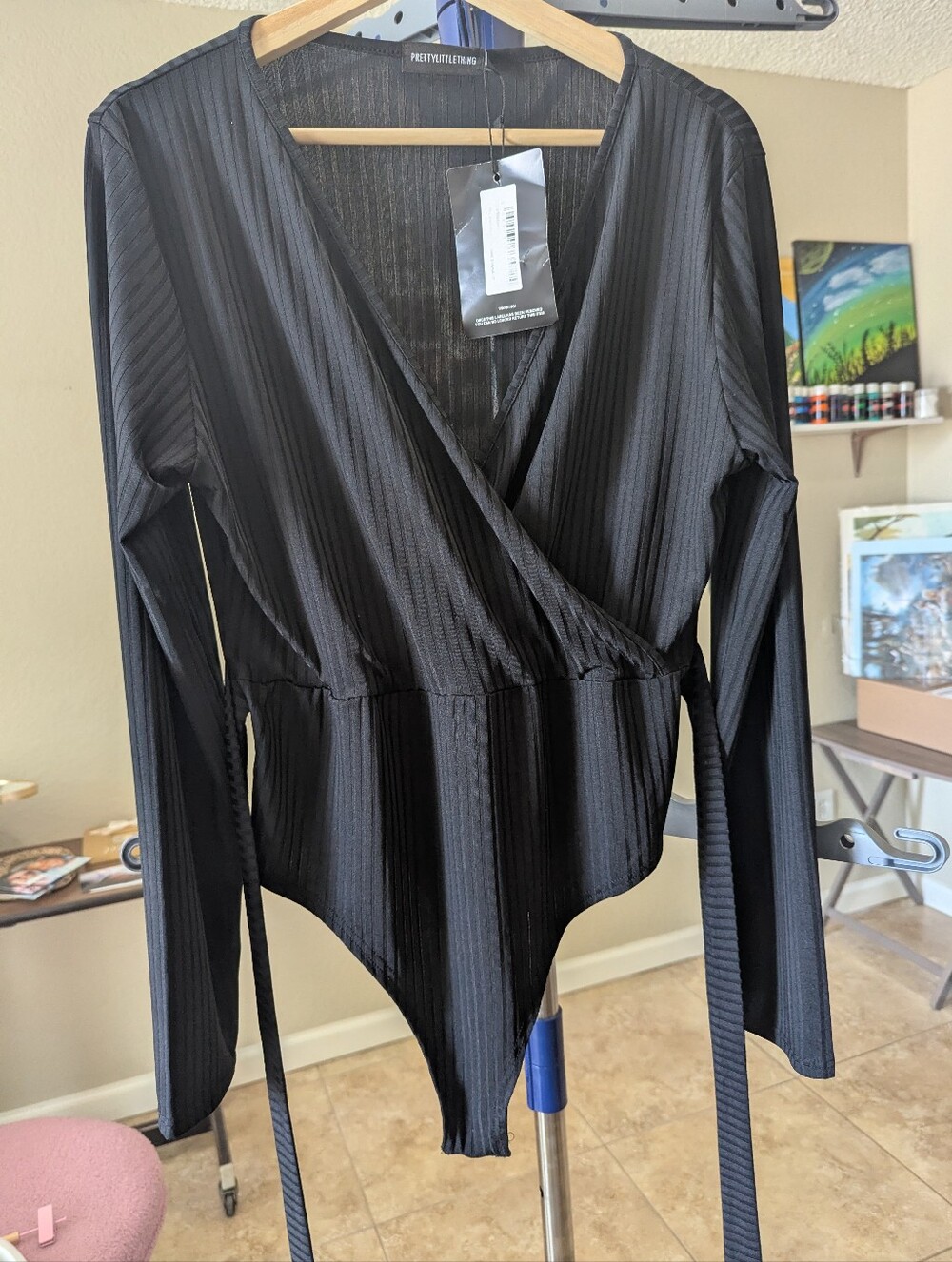 PrettyLittleThing Black Ribbed Wrap Bodysuit